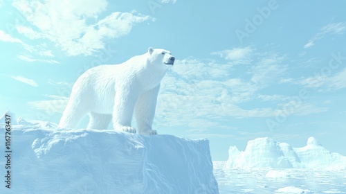 Arctic Majesty: Polar Bear on Ice Floe Surrounded by Blue Ocean and Icebergs