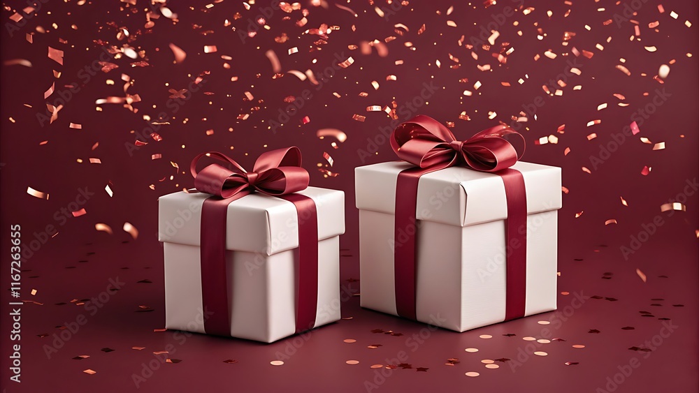 Valentine's day elegant gift boxes wrapped in white with red satin bows and shimmering confetti on a deep red background, ideal for romantic celebrations, festive visuals, and holiday-themed projects Valentine's day elegant gift boxes wrapped in white with red satin bows and shimmering confetti on a deep red background, ideal for romantic celebrations, festive visuals, and holiday-themed projects