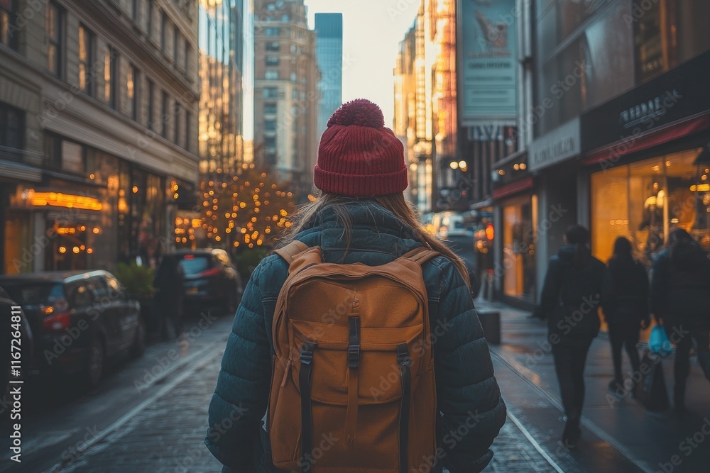 Young tourist walking in new york city street at christmas time Young tourist walking in new york city street at christmas time