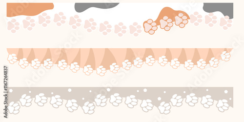 Cute pastel color kawaii header border divider with pet pawprints. Set of headers for design