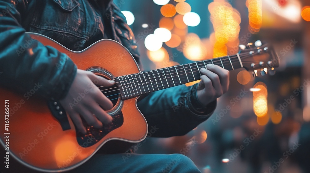 Naklejka premium Man plays guitar, street bokeh background.