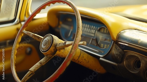 Yellow classic car interior with steering.