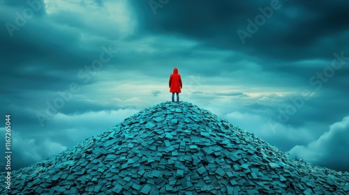 A symbolic landscape showing mountains of hateful messages with a lone figure climbing,Cyberbullying,resilience metaphor