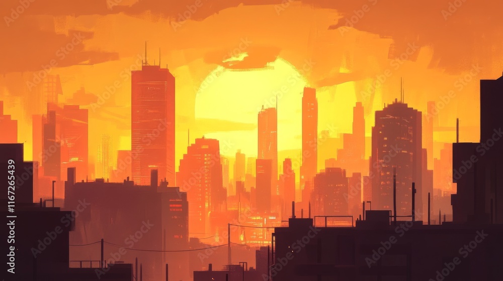 Naklejka premium Urban Skyline at Golden Hour with Atmospheric Mood