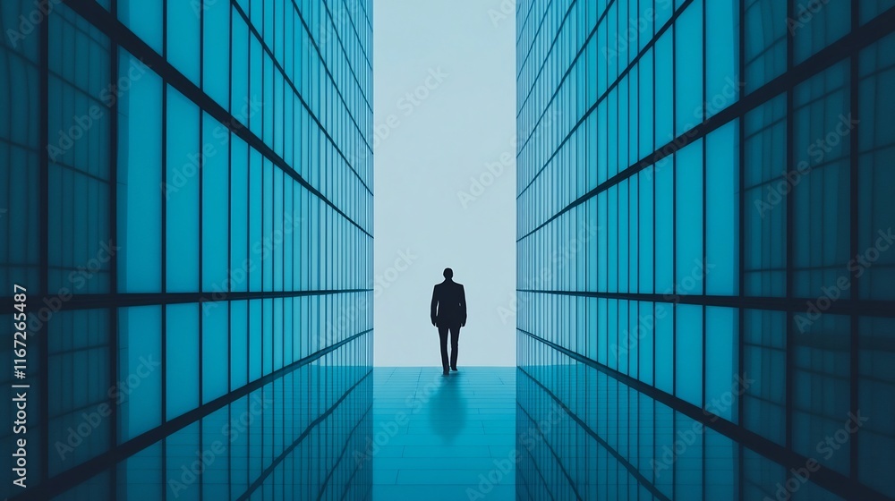 Commuter Walking Through Futuristic Glass Walkway Connecting Skyscrapers Commuter Walking Through Futuristic Glass Walkway Connecting Skyscrapers