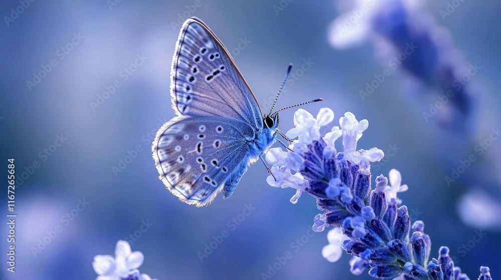 Blue butterfly feeding on lavender flowers in a field. Blue butterfly feeding on lavender flowers in a field.