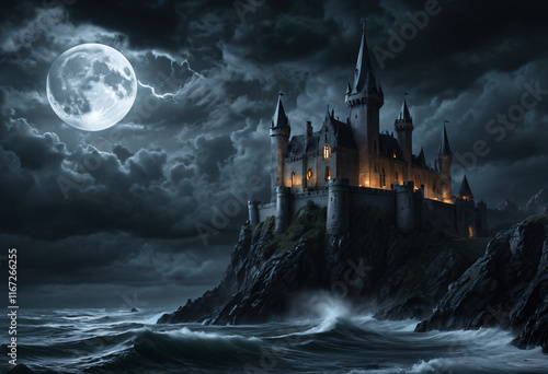 Enchanted Castle by the Sea Under a Full Moon