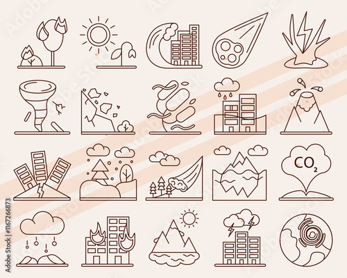 Vector icons representing natural disasters including earthquakes floods and hurricanes