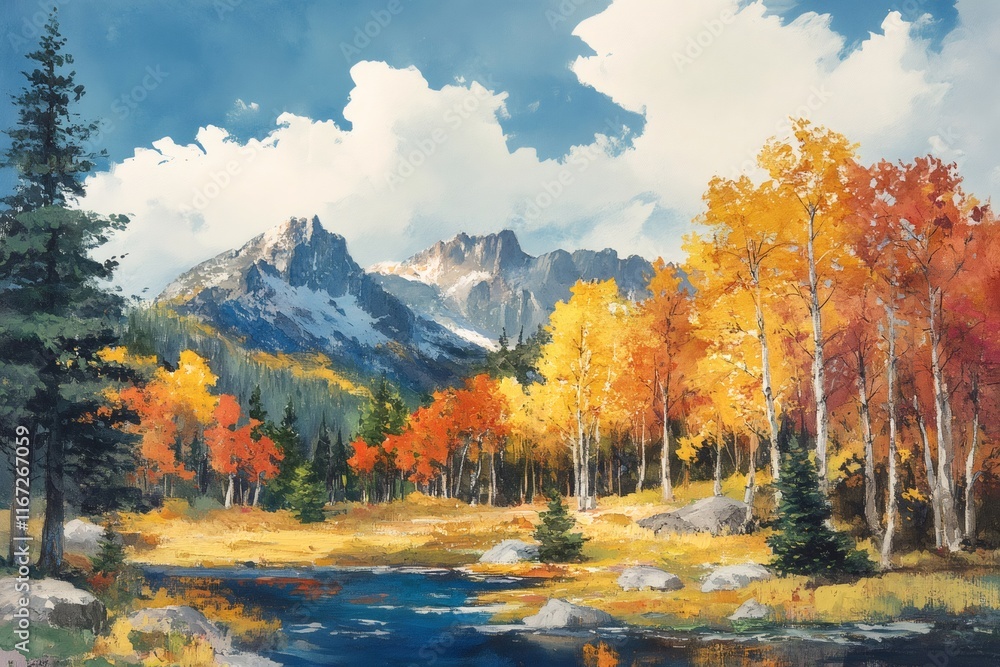 Autumn colors reflecting in mountain lake painting Autumn colors reflecting in mountain lake painting