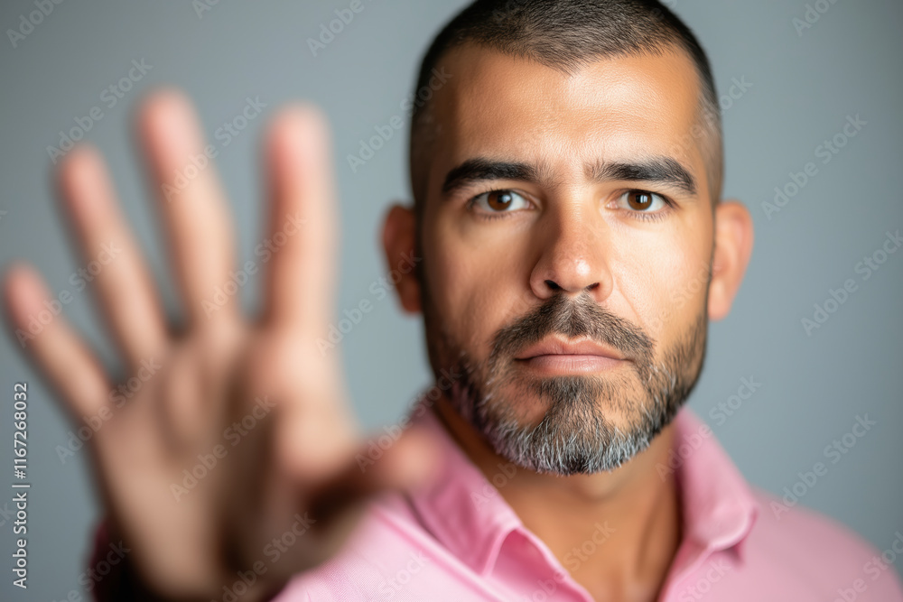 Obraz premium Young Caucasian man with beard raising hand and expressing stop gesture in studio portrait