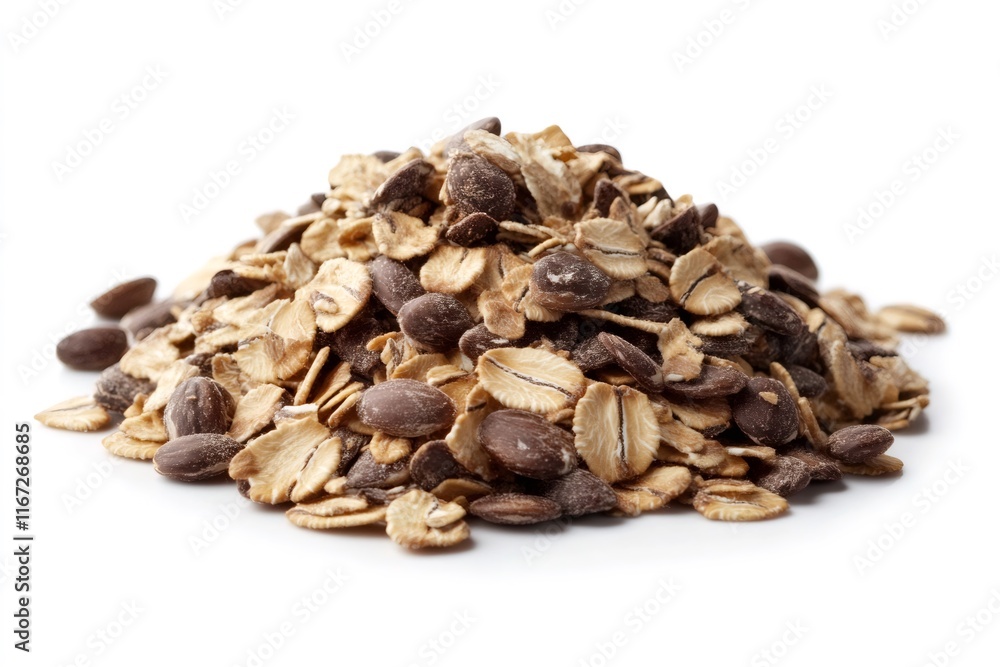Chocolate covered sunflower seeds and rolled oats creating a delicious breakfast cereal mix Chocolate covered sunflower seeds and rolled oats creating a delicious breakfast cereal mix