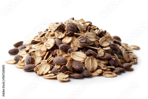 Chocolate covered sunflower seeds and rolled oats creating a delicious breakfast cereal mix