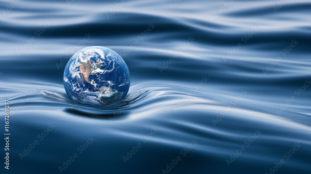 A globe rests on undulating blue water, symbolizing Earth's fragility in nature. A globe rests on undulating blue water, symbolizing Earth's fragility in nature.
