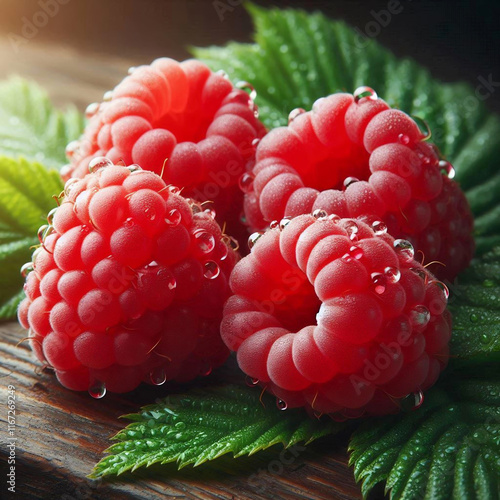 Fresh raspberries on a wooden table with green leaves.