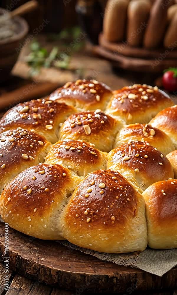 A freshly baked, golden-brown bread roll topped with sesame seeds, resting on a wooden board. A freshly baked, golden-brown bread roll topped with sesame seeds, resting on a wooden board.