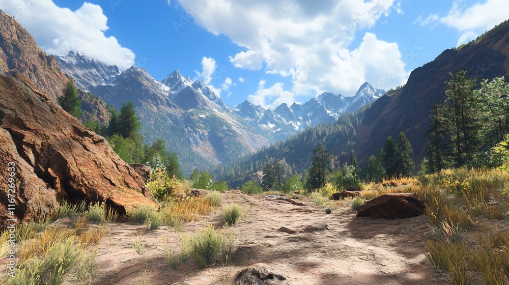Mountain view, rocky path, blue sky. Mountain view, rocky path, blue sky.