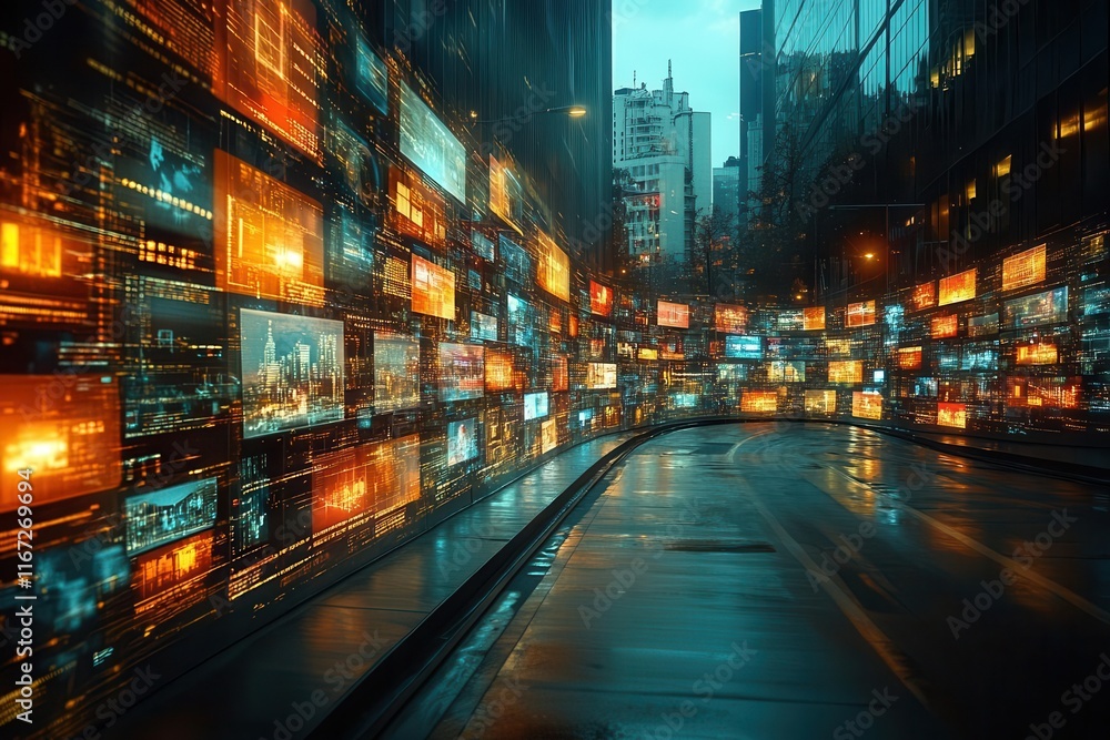 Fototapeta premium collage of various business and technology concepts creatively arranged with dynamic angles and vivid colors to create a wideangle visual for advertisements and promotions