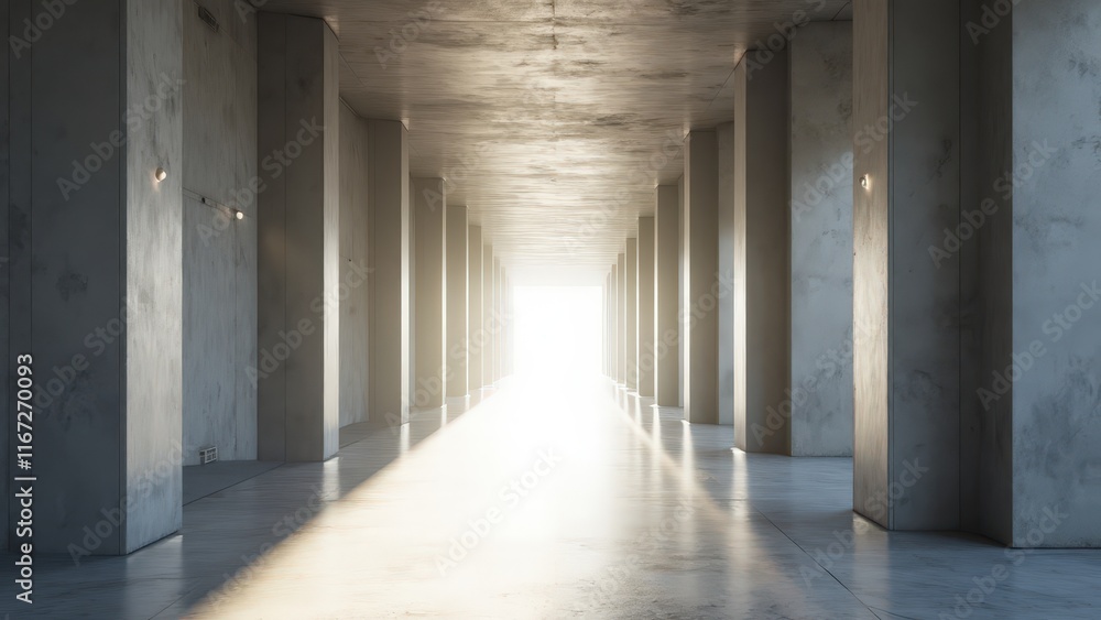 Light at the End of the Tunnel: Modern Concrete Corridor with Bright Exit Light at the End of the Tunnel: Modern Concrete Corridor with Bright Exit