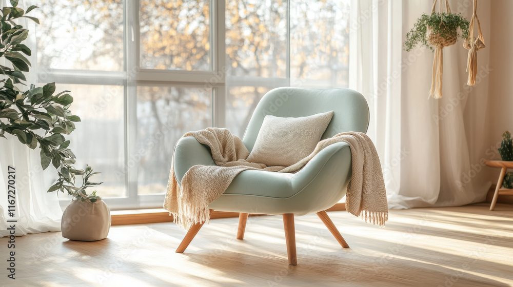 Fototapeta premium A serene lounge chair with soft linen cushions, styled in a Scandinavian minimalist design, placed in front of a large frosted glass window with warm amber sunlight filtering through. The background f