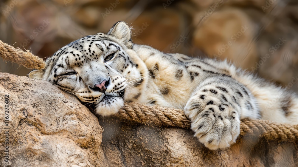 Obraz premium Majestic Snow Leopard Resting on Rocky Crag: Stealth and Beauty in the Wild