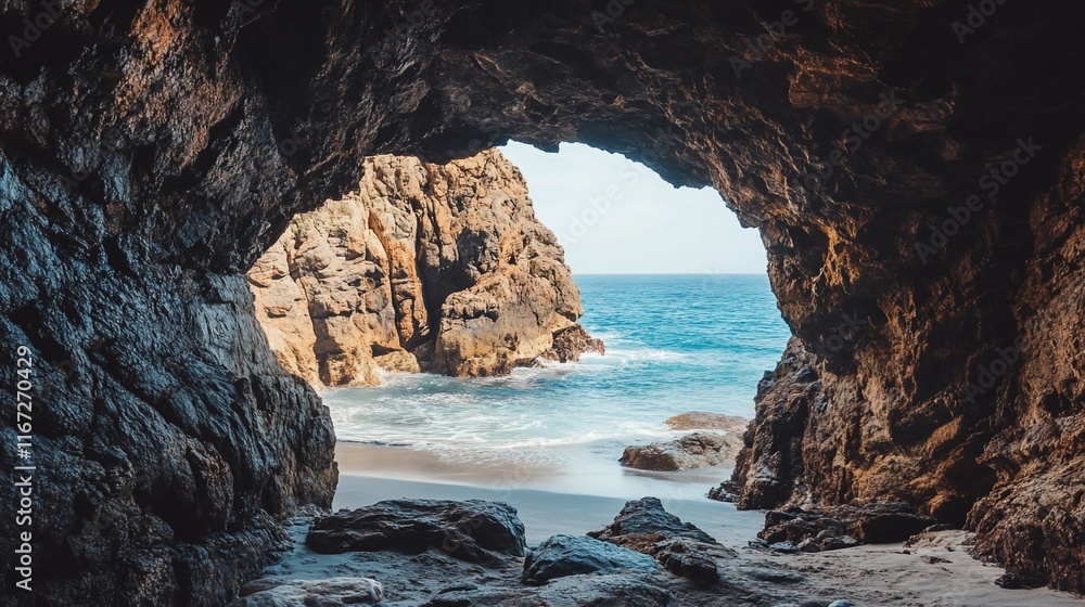 Cave opening on beach with turquoise waves. Cave opening on beach with turquoise waves.