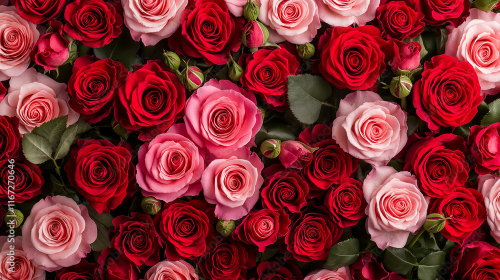 vibrant wall of red and pink roses, showcasing their lush petals and green leaves, creates romantic atmosphere perfect for celebrations vibrant wall of red and pink roses, showcasing their lush petals and green leaves, creates romantic atmosphere perfect for celebrations