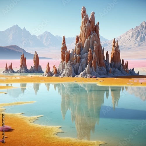 A saline soda lake known for its unique tufa towers—limestone formations created by the interaction of freshwater springs and alkaline lake water.
 photo