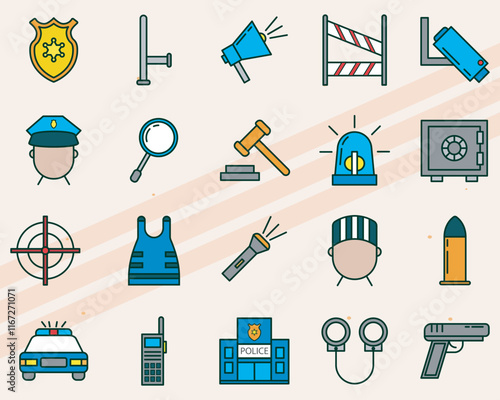 Set of vector icons related to police and law enforcement including badges handcuffs and patrol cars