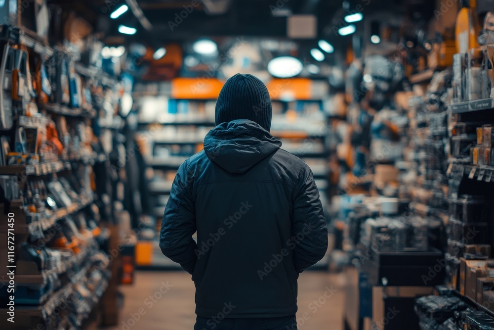 Hooded man shopping in hardware store, contemplating tools and equipment Hooded man shopping in hardware store, contemplating tools and equipment