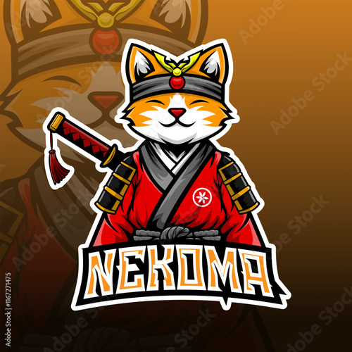 Esports Logo a Japanese cat wearing a samurai outfit with a katana sword on its back and the words "nekoma", perfect for a gaming logo
