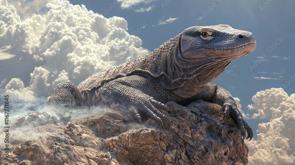 Majestic Komodo Dragon Basking on Rocky Outcrop in Tropical Landscape Majestic Komodo Dragon Basking on Rocky Outcrop in Tropical Landscape