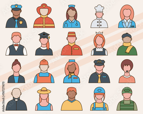 Vector icons representing various professions and occupations including doctor lawyer and teacher