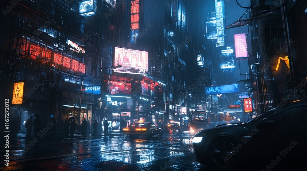 Dark urban street with vibrant neon lights. Dark urban street with vibrant neon lights.