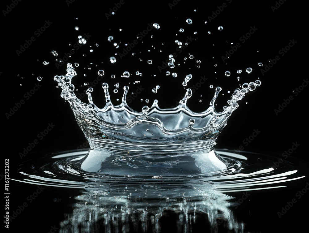 Water splash crown with ripples captured against a black background Water splash crown with ripples captured against a black background
