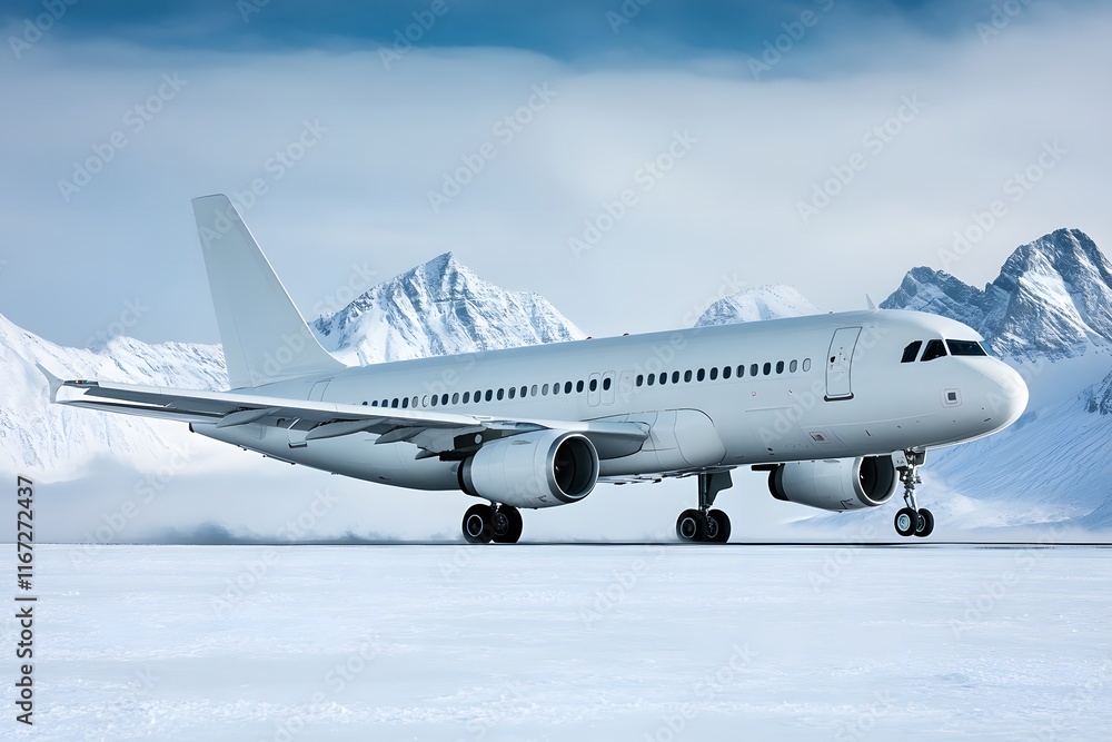 Obraz premium White Passenger Airplane on Icy Runway with Snowy Mountains in Background Under Clear Sky in Remote Location