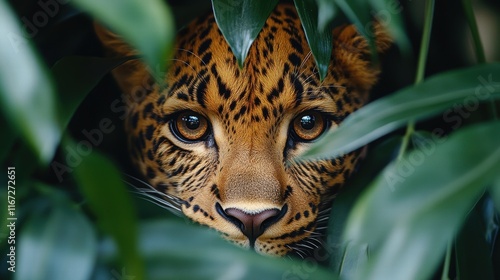 Leopard Peeking Through Palm Leaf Jungle Wildlife Photography Tropical Environment Close-Up Yangntp Sansan by Peter Kee photo