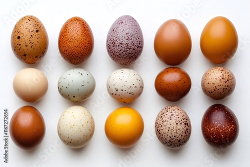 Fifteen colorful eggs forming three rows on white background