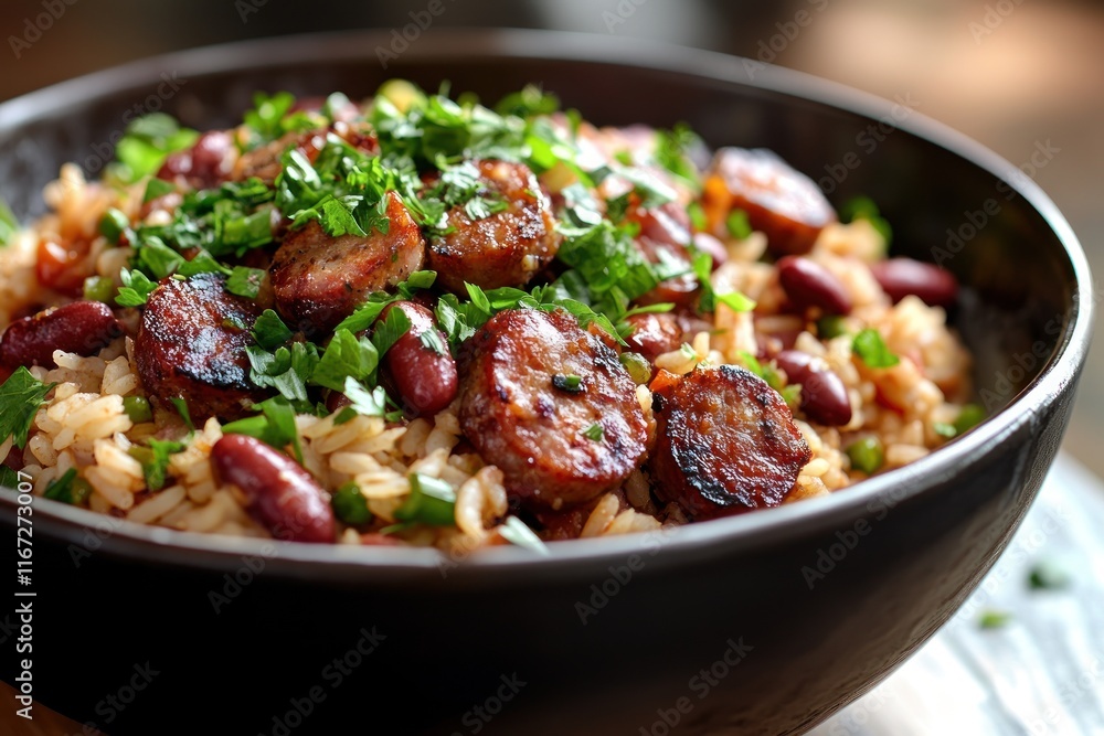 Bowl of rice and beans topped with grilled sausage slices and fresh parsley Bowl of rice and beans topped with grilled sausage slices and fresh parsley