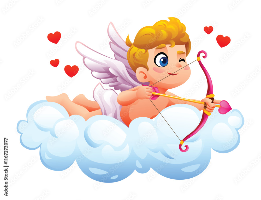 Obraz premium Playful cupid winking and shooting a heart arrow while lying on fluffy cloud. Vector cartoon illustration