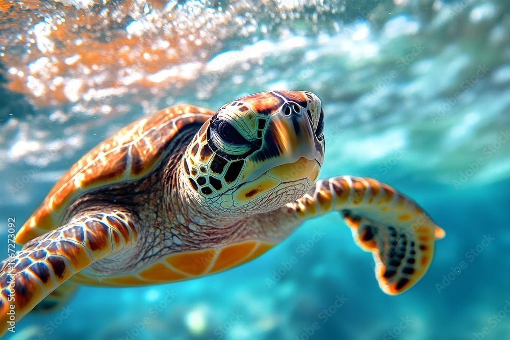 Fototapeta premium Sea turtle swimming in turquoise water close-up wildlife photography