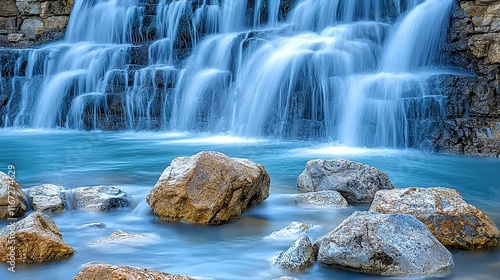 Cascading waterfall over rocks in a park's serene blue pool.