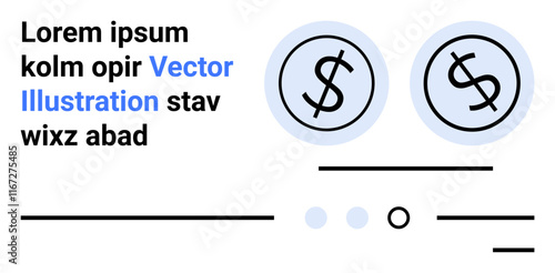 Two blue dollar symbols with black outlines, abstract lines, and placeholder text in black and blue. Ideal for financial services, banking, ecommerce, startups, fintech, business proposals