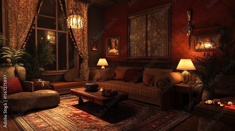 Fototapeta premium A living space with soft lighting and comfortable furnishings for a relaxing atmosphere.