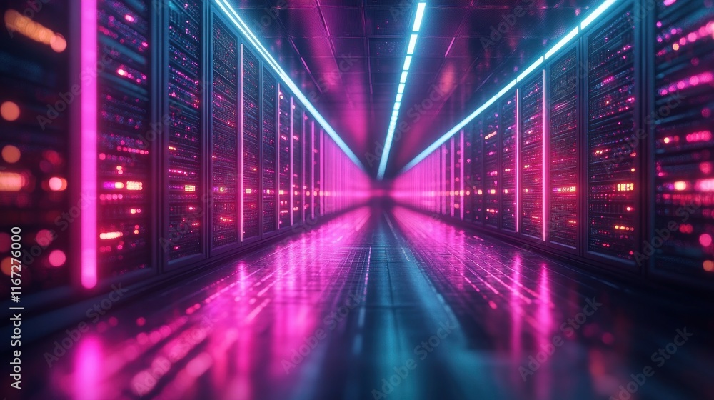 Futuristic Data Center with Neon Lights and Fiber Optic Cables in Cyberpunk Style Futuristic Data Center with Neon Lights and Fiber Optic Cables in Cyberpunk Style