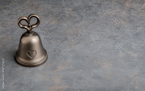 bell with heart symbol. A silver bell engraved with heart patterns, symbolizing the timelessness of love, bell heart symbol Valentine Day, conceptual elegant imagery photo