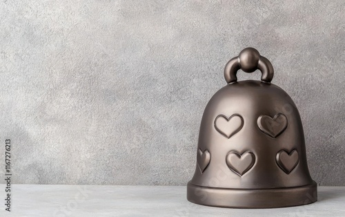 bell with heart symbol. A silver bell engraved with heart patterns, symbolizing the timelessness of love, bell heart symbol Valentine Day, conceptual elegant imagery photo