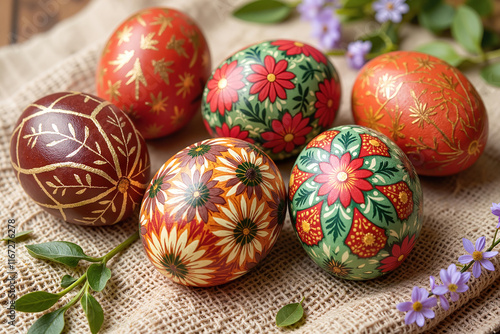 Vibrant Easter eggs in Slavic patterns on rustic linen cloth, spring celebration. Greeting card or holiday poster for Happy Easter promotion photo