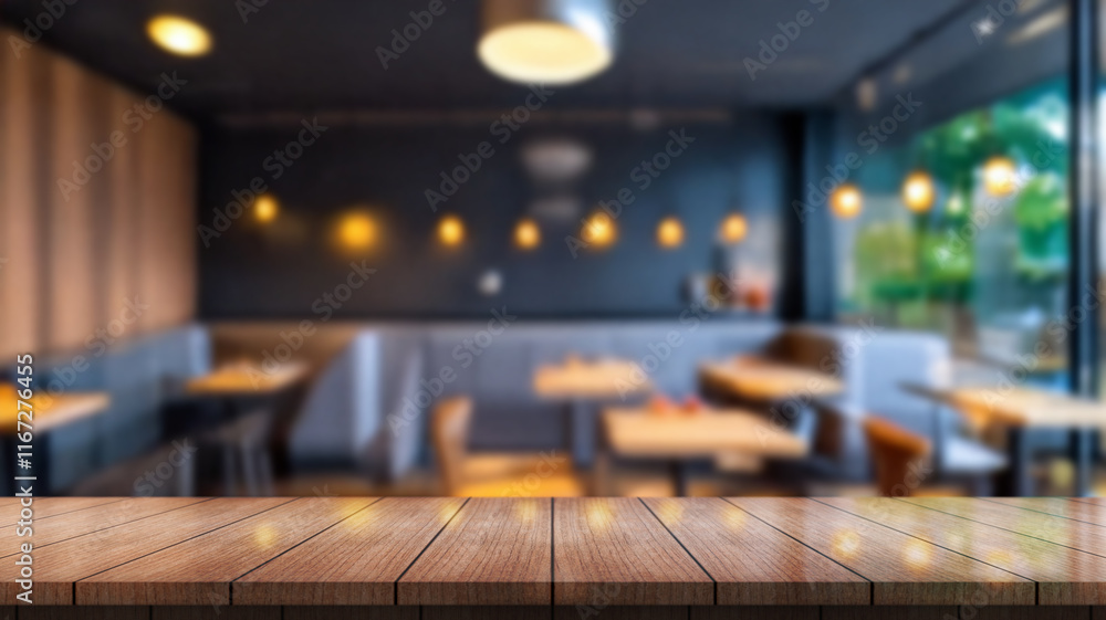 Empty wooden table top with lights bokeh on blur restaurant background. Empty wooden table top with lights bokeh on blur restaurant background.