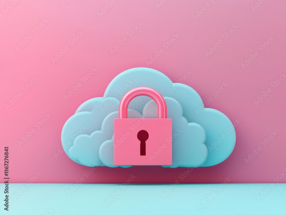 cloud storage concept. Cloud-based access control solutions, holographic glowing keys and encrypted locks, 3D illustration