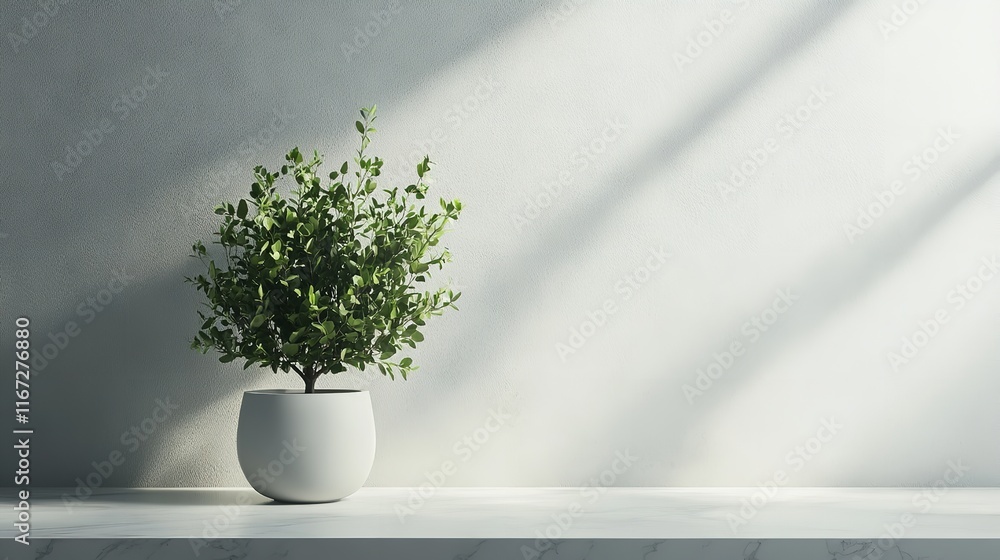 Fototapeta premium A Minimalist Scene Featuring a Healthy Green Potted Plant Placed on a Wooden Surface